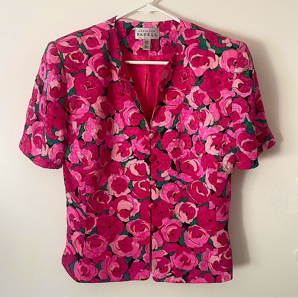 Vintage 100% Silk Pink Floral Blouse Button-Up Top Padded Shoulder Barbiecore 10